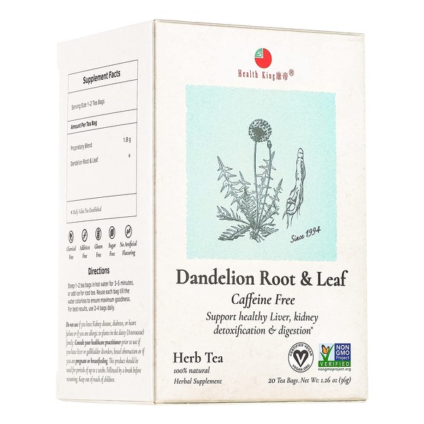 Dandelion Root & Leaf Herb Tea by Health King, Caffeine Free - Detox & Digestion - (1 pack, 20 Count)