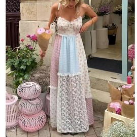 Women Boho Patchwork Maxi Dress Y2k Sleeveless Spaghetti Strap Backless Long Dress Floral Beach Vacation Sundress - Colour: Multi, Size: L