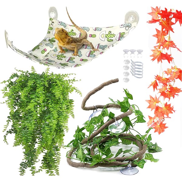 Claymmny 5-in-1 Reptile Terrarium Decoration Set, Bearded Dragon Hammock with Jungle Vines Artificial Plants Leaves Habitat Accessories for Climbing Chameleon Hermit Crab Lizards Gecko(5PCS)