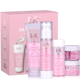 LXSKN Skin Care Set - 5 Step Skincare with Cleanser, Face Scrub, Clay Mask,Toner & Acne Treatment for Teens and Adults