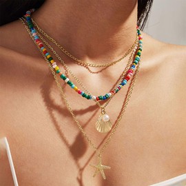 Gold Shell Necklace Layered Starfish Pendant Necklace for Women Boho Gold Seashell Necklace With Pearl Beach Necklaces for Women Ocean Necklace Shell Jewelry for Women (Style 2)
