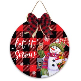 Christmas Door Decorations, Buffalo Plaid Door Hanging Sign Printed with Let it Snow, Rustic Wooden Door Hanging Sign Christmas Winter Decor for Home Window Wall Farmhouse Indoor Outdoor Decorations