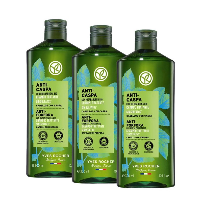 Yves Rocher - Set Shampoo Anticaspa, Sin Sulfatos, Incluye 3