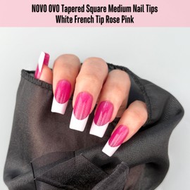 NOVO OVO White French Tip Square Nail Tips Press on ROSE PINK, Extra Thick Medium Soft Gel Fake Nail Acrylic Extension, Need Builder Gel Top Coat, No Glue Included, for Salon DIY x 15 Sizes 240 pcs