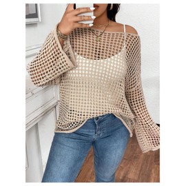BEAUDRM Women's Plus Size Hollow Out Sweater Y2K Sheer Boat Neck Long Sleeve Pullover Tops Apricot XX-Large Plus