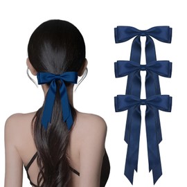 3 PCS Navy blue Hair Bows for Women Girls Large Long Tail Silky Satin Ribbon Hair Easter Accessories Prom Party Daily