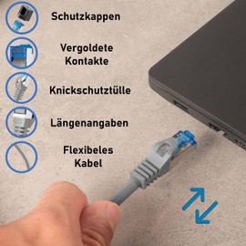 BIGtec 7,5m CAT.7 Patchkabel Netzwerkkabel Gigabit Patch DSL LAN Ethernet Kabel grau Kupferkabel doppelt geschirmt (RJ45 Stecker Cat-7 S/FTP PIMF)