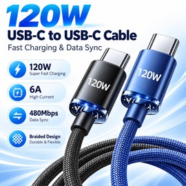 120W USB-C Charging and Data Cable, 6A Braided Fast Charge Cord in Multiple Lengths and Colors