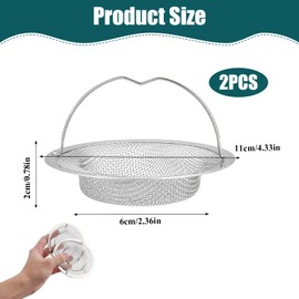 Pack of 2 Sink Strainer, Strainer with Handle, Stainless Steel Sink Strainer, Hair Strainer, Shower Sink Strainer, Clogging Protection, Kitchen Drain Sink with Handle, 11 x 8 x 2 cm