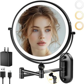 9" Wall Mounted Lighted Makeup Mirror,4000mAh Rechargeable Double Sided 1X/10X Magnifying Mirror with Light,3 Color Lights,Touch Dimmable,Extended Arm 360 Rotation Wall Mounted Makeup Mirror