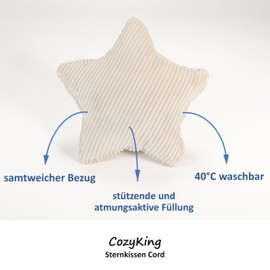 CozyKing Sternkissen Cord Beige/Cream Deko-Kissen Breitcord Kuschelkissen Stern Öko-Tex 100 Zertifiziert und 40°C waschbar - Sternenkissen für Sofa, Wohnzimmer oder Kinder-Zimmer - 38x38x14 cm