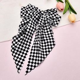 Plaid Hair Clips for Women Checkered Hair Barrettes Large Black and White Check Hair Bow Clip for Girls Hair Accessories Big Bowknot Hairpins with Long Tail