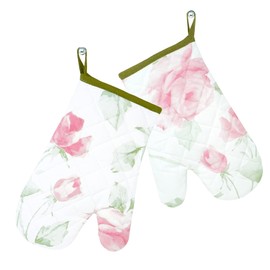 Lashuma 2 x Baking Gloves, Oven Gloves, Ladies, 30 x 20 cm, Pink / Green Design: Roses