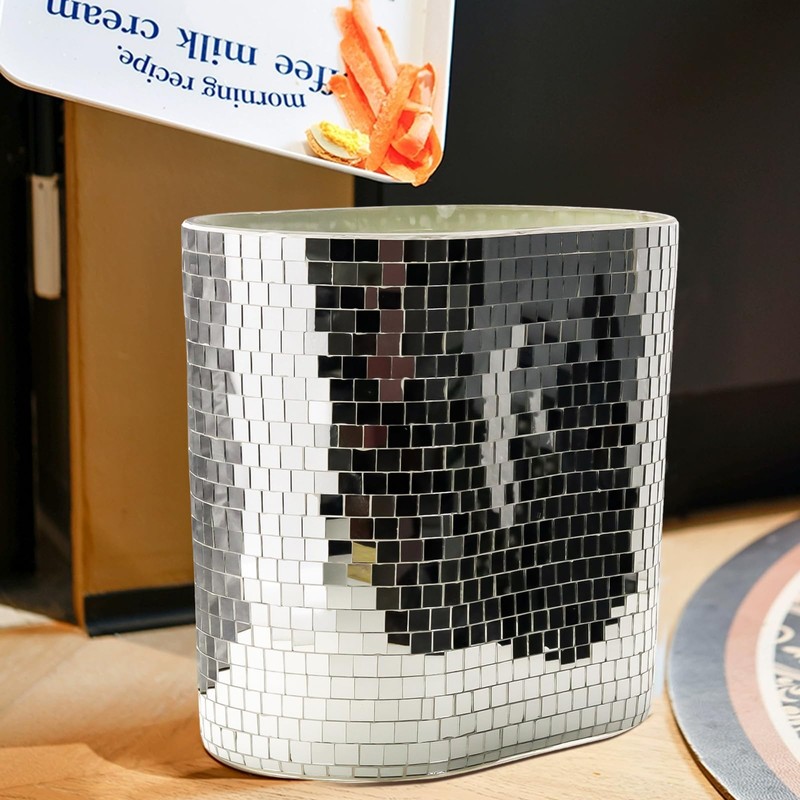 WDHODEC Silver Mirror Mosaic Trash Can (9.8" Tall) | Narrow