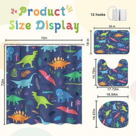 KINUUIS 4 Pcs Blue Dinosaur Bathroom Set Little Boy Cartoon Cute Shower Curtain Sets with Non-Slip Rugs Toilet Lid Cover and Bath Mat Set, Toddler Kids Boy Bathroom Decor with 12 Hooks
