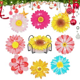 Leatrice 8 PCS Sunflower Diamond Art Coasters with Holder Diamond Painting Coasters Art Kits for Adults Beginner Friendly Gift for Family & Friends (Sunflower)