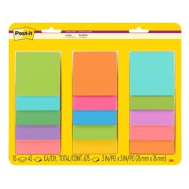 Post-it Super Sticky Notes, 3 x 3 pulgadas, 15 almohadillas para orejas, 2 unidades The Sticking Power, Supernova Neons and Energy Boost Collections, reciclable (654-15SSMULTI2)