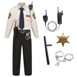Kosgraiy Sheriff Costume Kid,Child State Trooper Police Office Uniform,Boy Girls Sheriff Outfit with Interphone,Handcuffs,Baton,Brooch,Tie,Belt,XS/110,3-4T