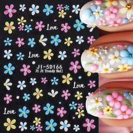 Flower Nail Art Stickers Decals 5D Embossed Daisy Flower Nail Decals 2PCS Colorful Daisy Five-Petal Floral Summer Nails Design Adhesive Stickers Nail Art Supplies for Women DIY Manicure Decorations