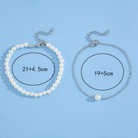 Pearl Ankle Bracelets for Women Waterproof Stretch Plus Size Boho Beach Charm Rhinestone Men Anklet Silver Jewelry Gift (2pcs)
