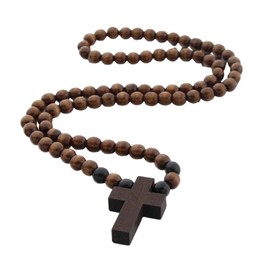 AIXXCUVQ Stylish Men s Hip 8mm Bead Rosary Pray Hand Jesus Cross Pendant Necklace, Coffee