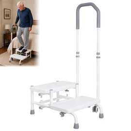 NnsZenith Adjustable Heavy Duty White Color Step Stool with Adjustable Handle, Lockable Wheels, Step Stool for Seniors, 400 lbs Capacity