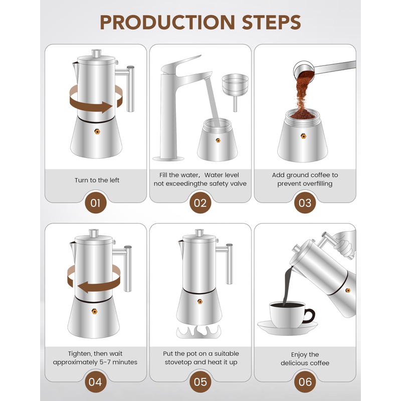 10oz 6 Cup Stovetop Moka Pot Food Grade Stainless Steel