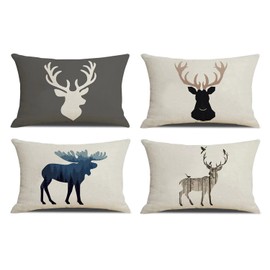 NYDECOR Deer Throw Pillow Covers Elk Lumbar Pillow Cover Deer Pillow Cases Oblong Rectangle Animal Moose Pillowcase Cotton Linen Decorative Cushion Covers for Couch Bed Sofa 12x20 Set of 4