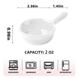 HalfofLife Mini Ceramic Dipping Sauce Bowls with Handle, Small Bowls/Dishes for Sauce, Soy, BBQ and other Party Supplies, Set of 2, 2 Oz Capacity (White)