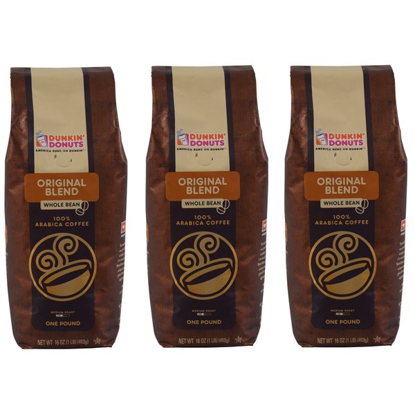 Dunkin' Whole Bean Arabica Coffee 16oz Bag Original Blend (Pack of 3)