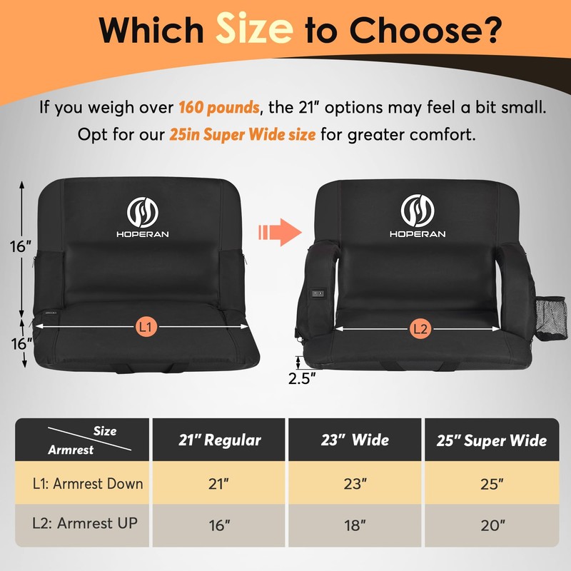 HOPERAN 25" Massage Heated Stadium Seats for Bleachers with Back