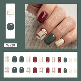 Vezocim Press on Nails Coffin Short Length, 24Pcs Full Cover Reusable Glossy Fake Nails with Glue, Artificial Fingernails Square False Nails with Designs, Glue Stick on Nails with Charm(Plaid)