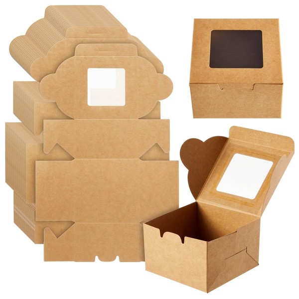 Caja para pasteles – 50 unidades de cajas de pastelería, son desechables de papel craft con ventana de exhibición, ideal para mini pasteles, panquecitos, galletas, postres, donas- 10 x 10 x 5 cm, color café.