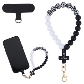 BEEFLYING Silicone Beaded Phone Wrist Strap with Cross, Cellphone Lanyard with Tether Tab, Elastic Hands-Free Wristlet Bracelet (Black & White)