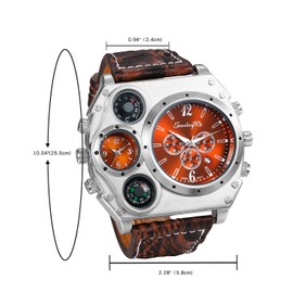 JewelryWe Men's Watch Two Time Zone Compass Thermometer Calendar Analogue Quartz Wrist Watch Brown Leather Strap Sports Watch with Brown Dial