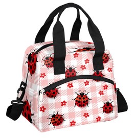 Lunch Bag Box Cute Ladybugs Flower Plaid Check Insulated Cooler Lunch Tote Bag Container Snacks Organizer for Women Men Adult Office Work Picnic Hiking