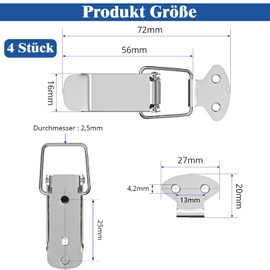 Pack of 4 Tension Clasps, 56 mm Tension Lock Stainless Steel with 16 Screws, Lever Lock, Snap Closure, Box Closure, Cap Lock for Toolbox, Drawer Chest Case Box Cabinet