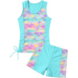RAISEVERN Girls Tankini Swimsuit Size 10 Cute Two Piece Mermaid Swimsuits Summer Kids Colorful Fish Scale Bathing Suit Size 11 Boyshorts Beach Quick Dry Modest Swimwear for Pool Party