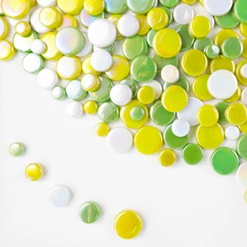 HJRTIUOH 200g Round Iridescent Glass Mosaic Tiles, Bulk Mosaic Tiles for DIY Crafts, Flower Pots, Vases, Mugs, Garden Decoration,Yellow-Green Color Mix