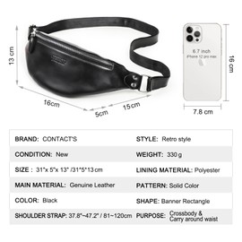 CONTACTS Genuine Leather Chest Sling Bag for Men,Small Shoulder Crossbody Bag,Mens Casual Daypack Belt Bag Waist Pouch for Cycling Hiking Travel (Black), Free Size