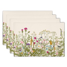 Spring Summer Floral Linen Placemats Set of 4 18x12 Inch Antique Herbs and Wild Flowers Table Mat Heat-Resistant Washable Wipeable Place Mat for Party Kitchen Dining Home Decor