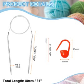 HARFINGTON 2pcs Knitting Needles Size US 6(4mm) Circular Needle 31 Inch(80cm) Round Metal Stainless Steel Needle with Marker for Handmade Projects DIY Knitting