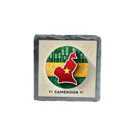 Cameroon Country Flag Slate Coaster with Map Design and Green, Yellow, Red Color Scheme (slco-kf25-2004)