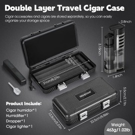 SEMKONT Cigar Humidor, Portable Travel Cigar Box, Double Cigar Humidor with Separate Storage for Cigar Accessories, Cigar Travel Case with Cigar Lighter(No Butane), Holds 5 Cigars (Carbon Fiber)
