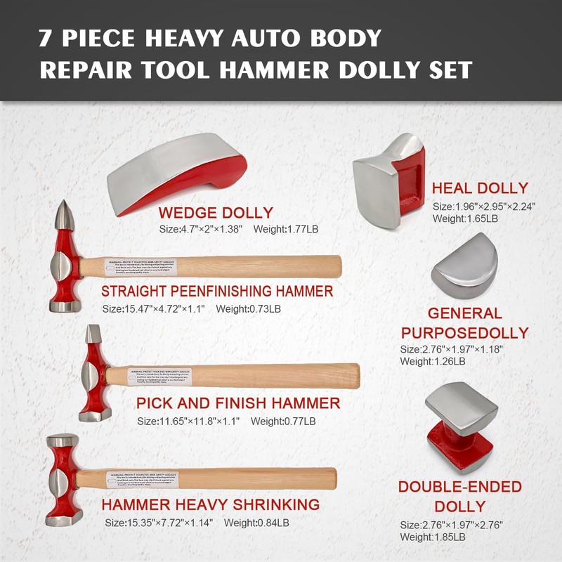 PASBAS 7 Piece Auto Body Repair Kit，Hammer and Dolly Tools