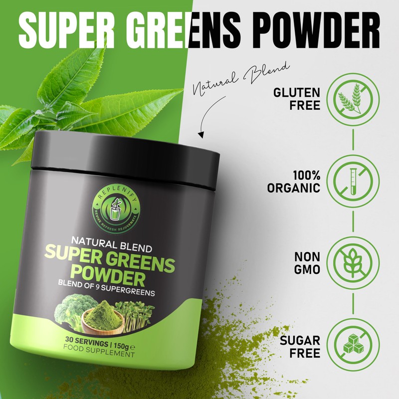 Replenify Natural Blend Super Greens Powder, 30 Servings, 9 superfood
