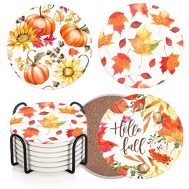Bribay Coaster for Drinks Set of 6, Hello Fall Leaves Autumn Sunflower Pumpkins Absorbent Round Ceramic Stone Mat, with Cork Base and Metal Holder, Gift for Housewarming Room Bar Decor