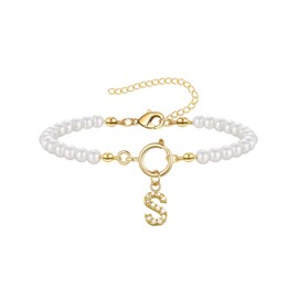 ZENGSING Women's Initial Pearl Bracelet Pearl Necklace Bracelet for Women Adjustable A-Z Capital Initial Pendant Charm Bead Bracelet with Initial Gifts for Women, Bronze