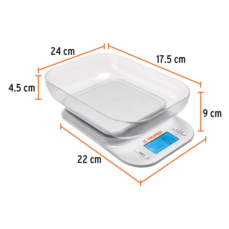 Truper BASE-5T, Báscula digital con tazón para cocina 5kg precisión