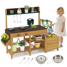 Costzon Play Kitchen for Kids, Wooden Toy Playset w/Removable Faucet, Sink, Stoves, Rotation Knobs, Planter Boxes, Trellis & Cooking Accessories, Pretend Mud Kitchen for Boys Girls Aged 3-8 (Brown)